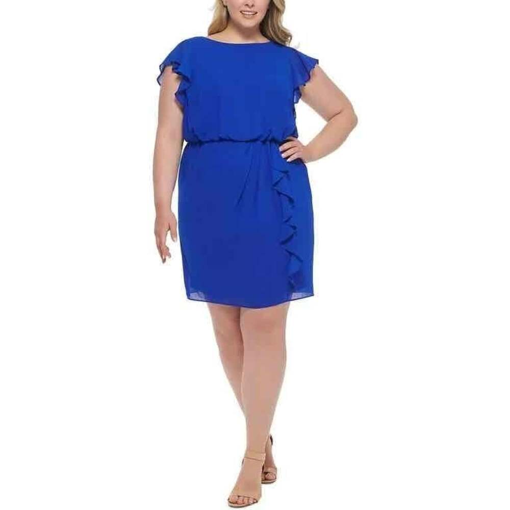 NWT Jessica Howard Womens Blue Ruffled Short Sleeve Mini Dress Plus Size 22W